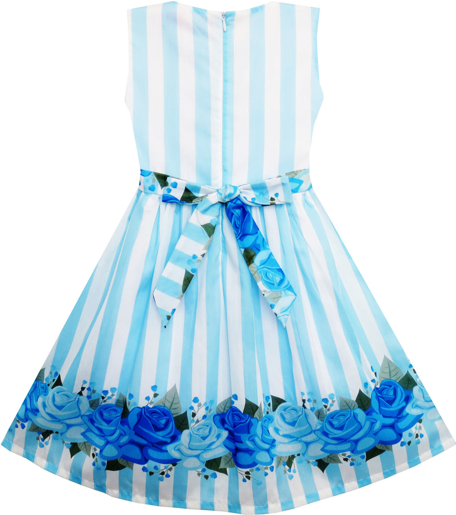 Girls Dress Striped Rose Print Tulle Blue – Sunny Fashion