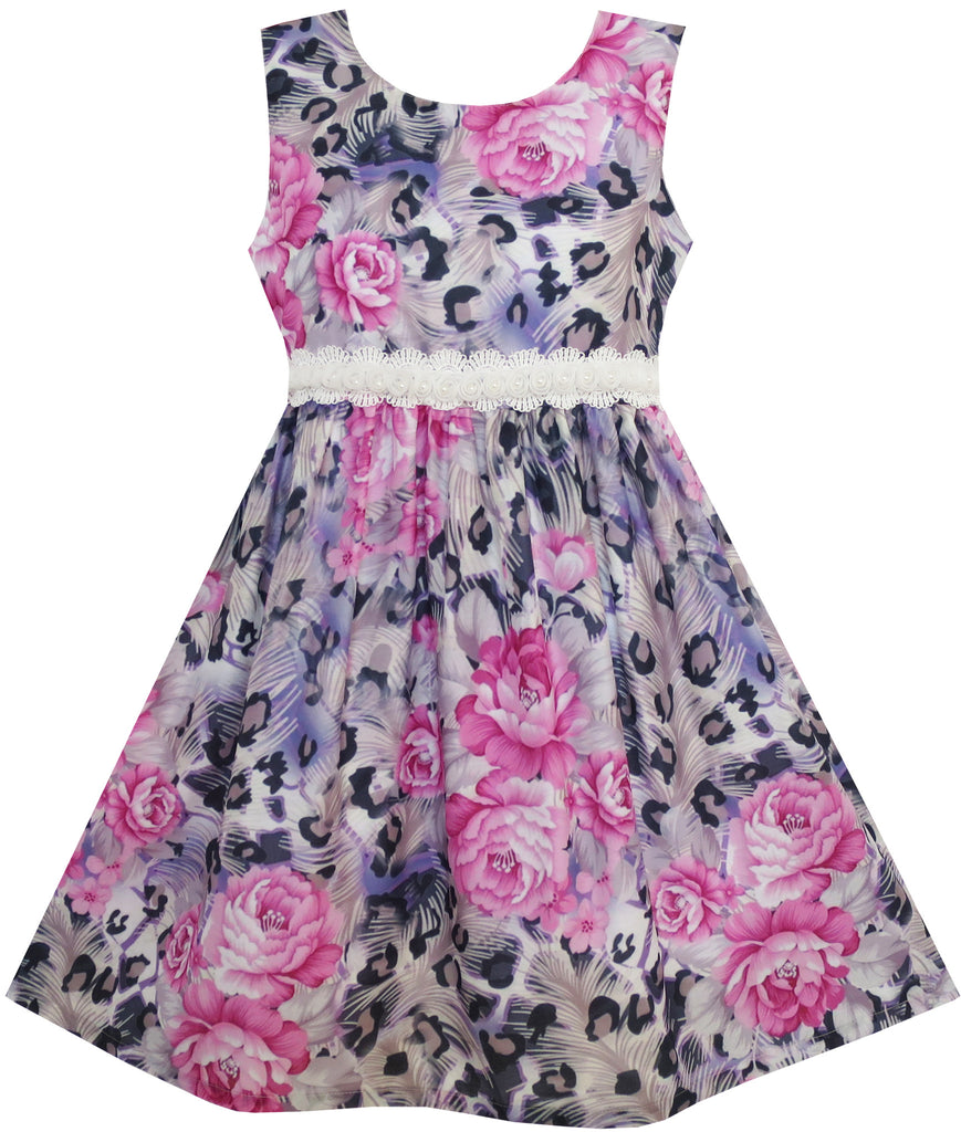 Girls Dress Purple Rose Flower Print Lace Waist Sleeveless – Sunny Fashion