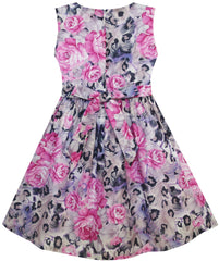 Girls Dress Purple Rose Flower Print Lace Waist Sleeveless – Sunny Fashion