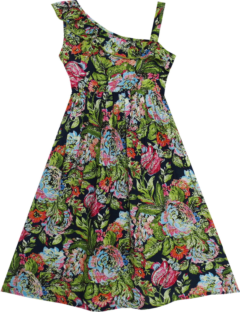 Girls Dress Sleeveless Floral Print Asymmetric Shoulder Design – Sunny ...