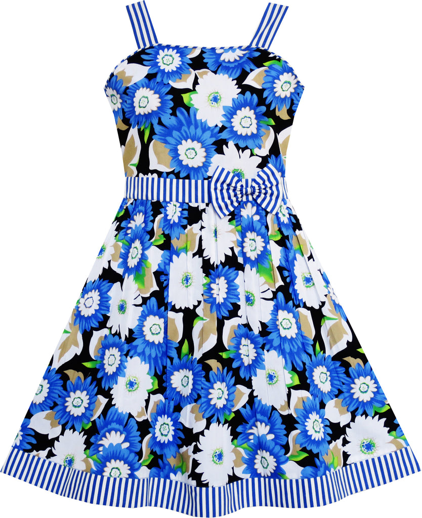 Girls Dress Sleeveless Flower Pattern Bow Tie Striped Trim – Sunny Fashion