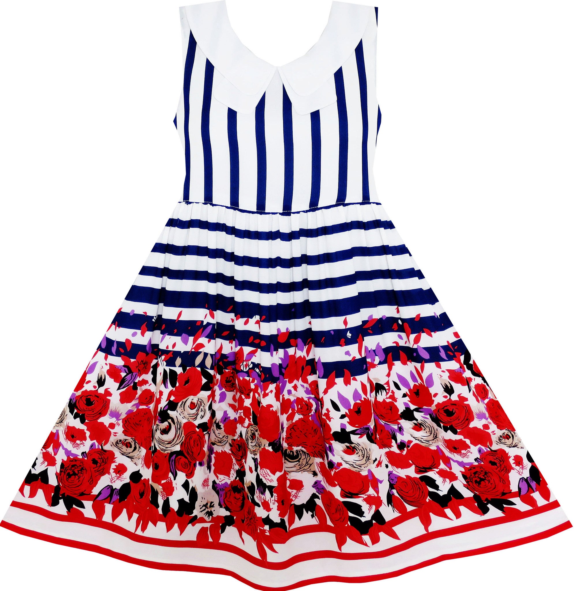 Girls Dress Sleeveless Stripes Floral Printed Flower Waist – Sunny Fashion