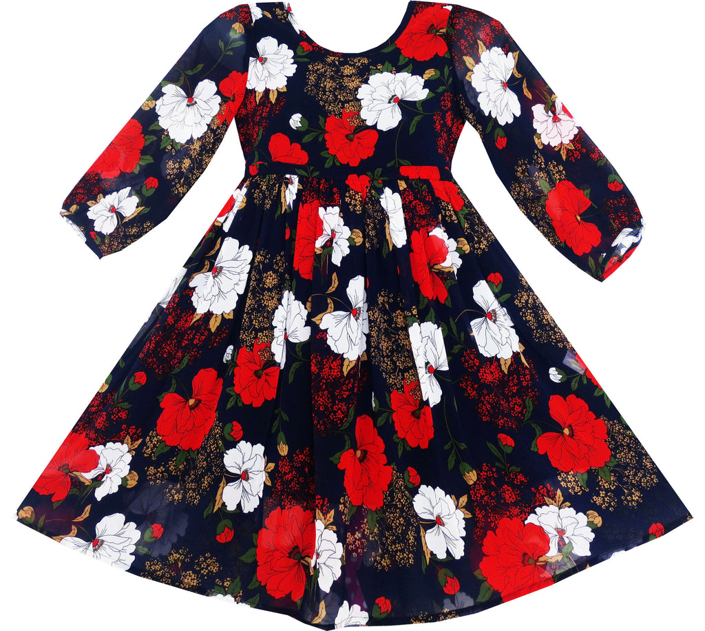 Girls Dress O-Neck Sleeve Elegant Drawing Begonia Flower – Sunny Fashion