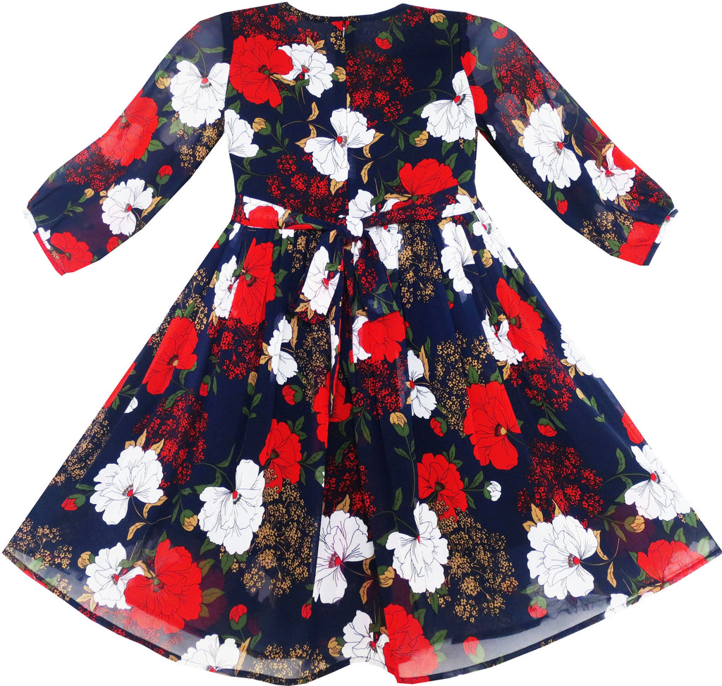 Girls Dress O-Neck Sleeve Elegant Drawing Begonia Flower – Sunny Fashion