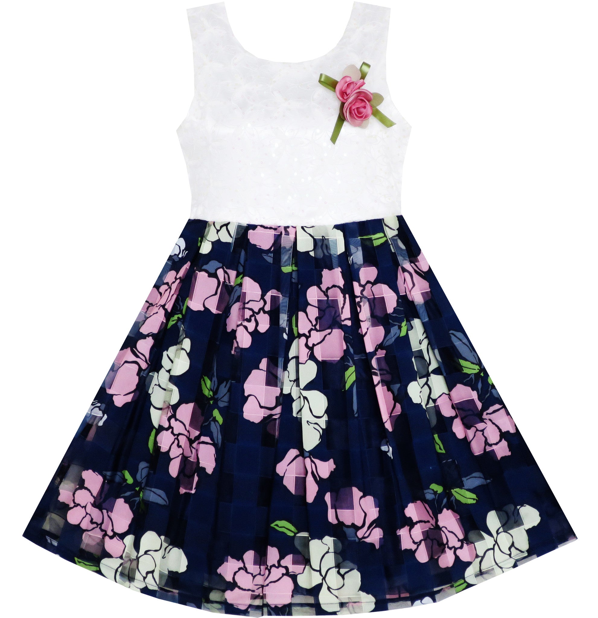 Girls Dress Checkered Collar Sunflower Print Polka Dot – Sunny Fashion
