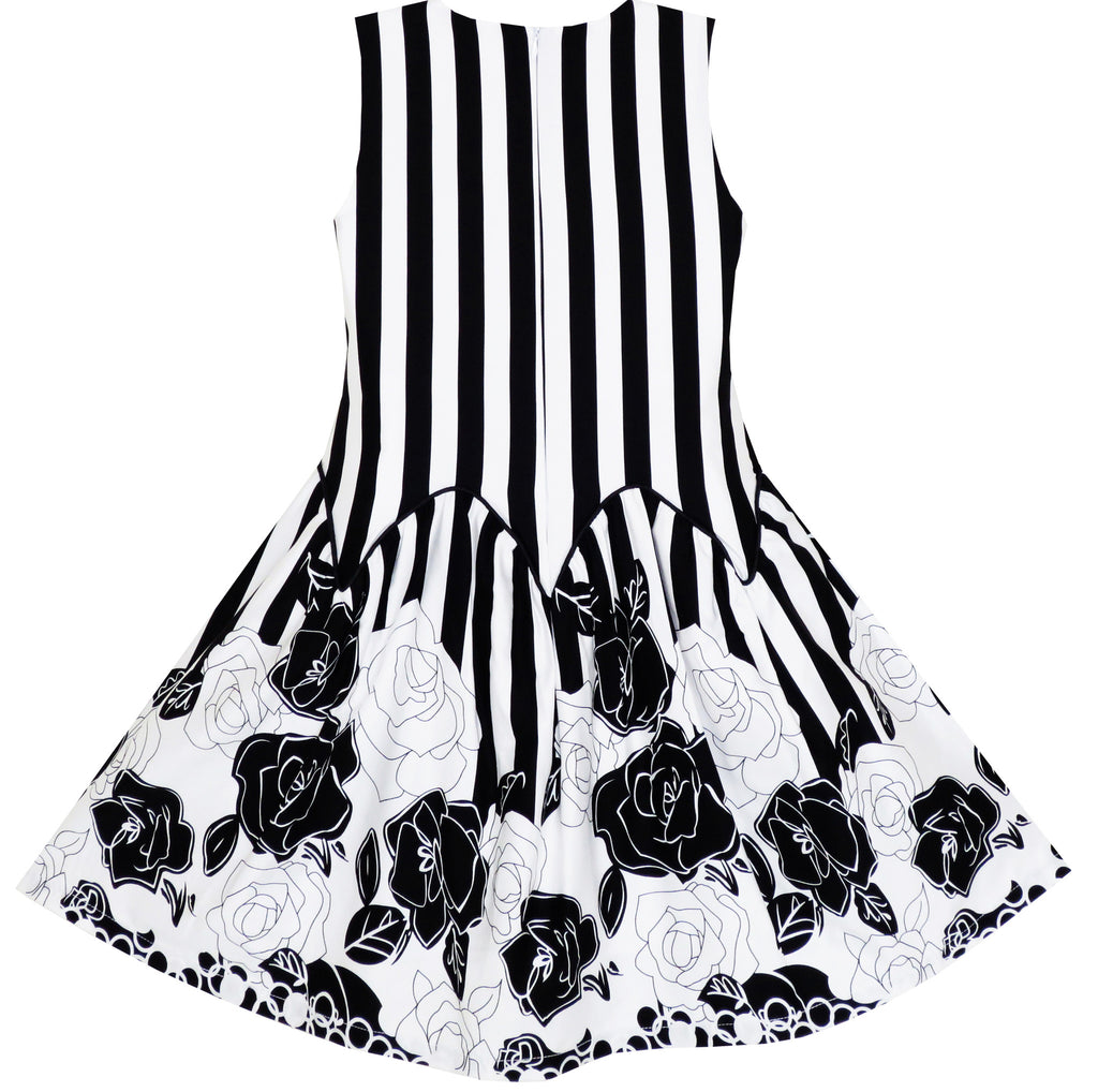 Girls Dress Sleeveless Black White Stripes Flower Bow Tie – Sunny Fashion
