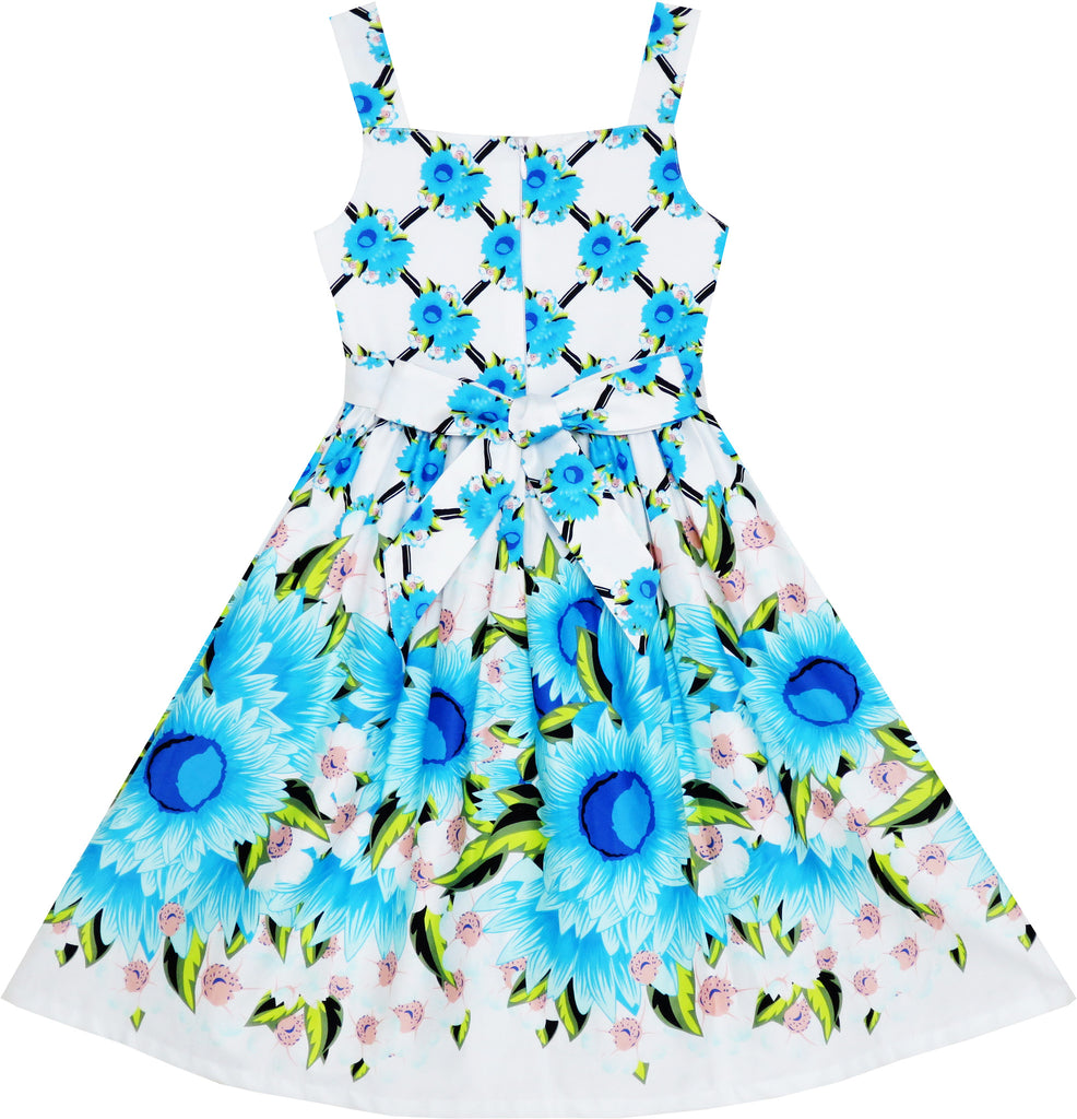 Girls Dress Sleeveless Halter Blue Sunflower Party Princess – Sunny Fashion