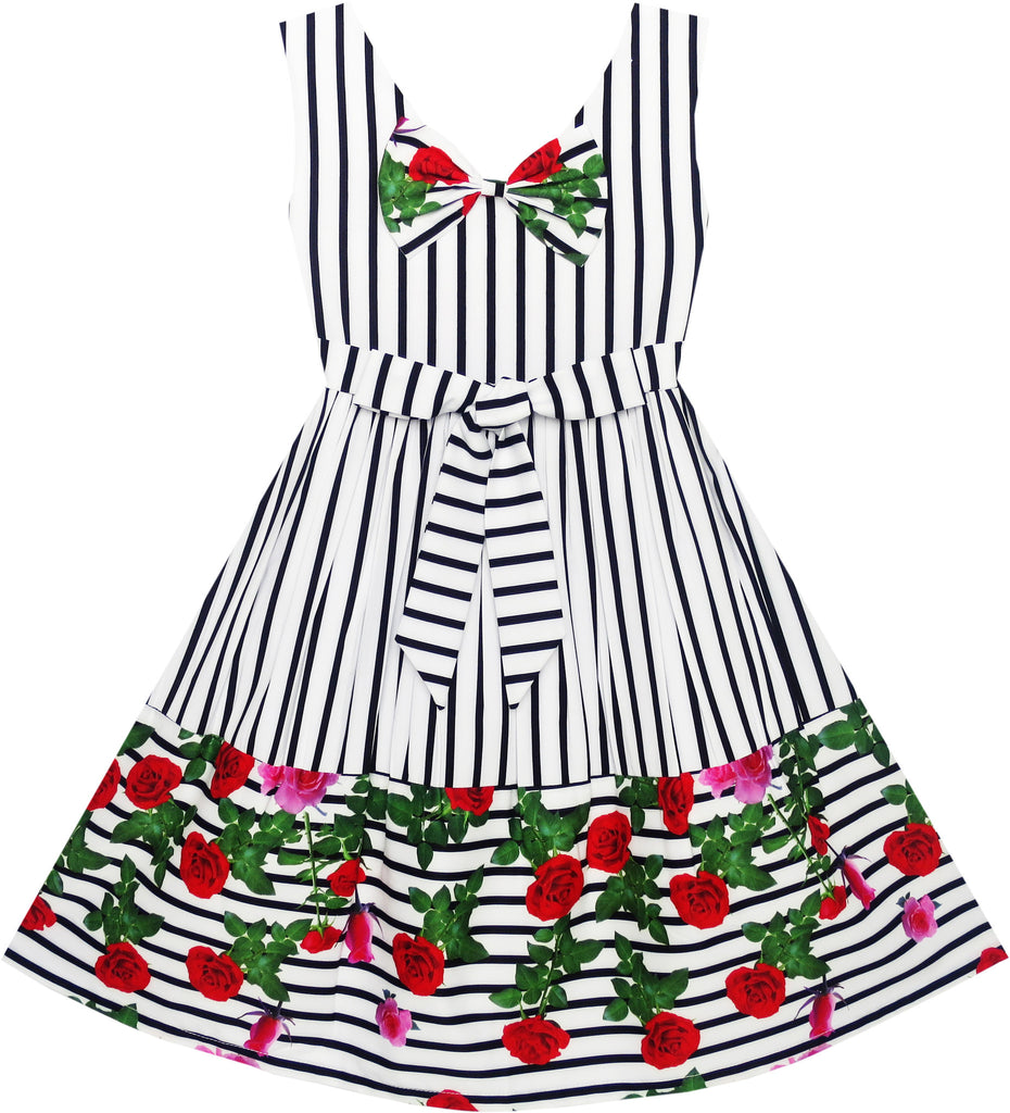 Girls Dress Striped Red Rose Bow Tie Princess Party School – Sunny Fashion