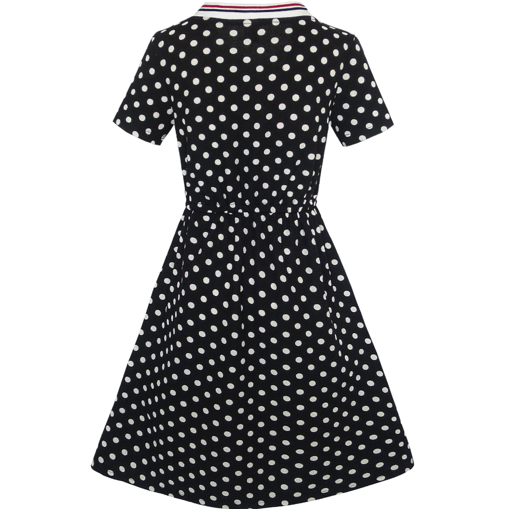 Girls Dress Black White Dot Short Sleeve Back School Dress – Sunny Fashion