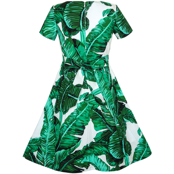 Girls Dress Green Leaf Print Pineapple Dragonfly – Sunny Fashion