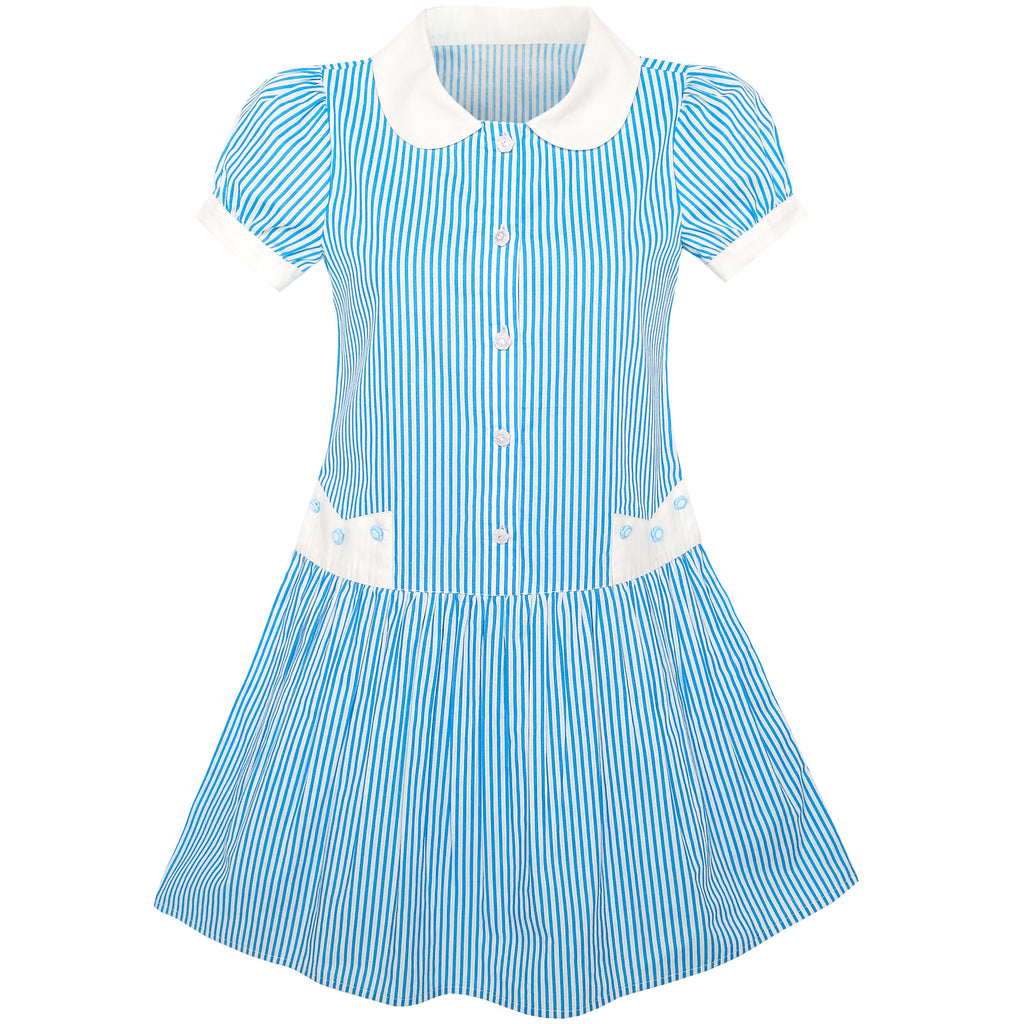 Girls Dress Blue White Stripe Collar School Short Sleeve – Sunny Fashion