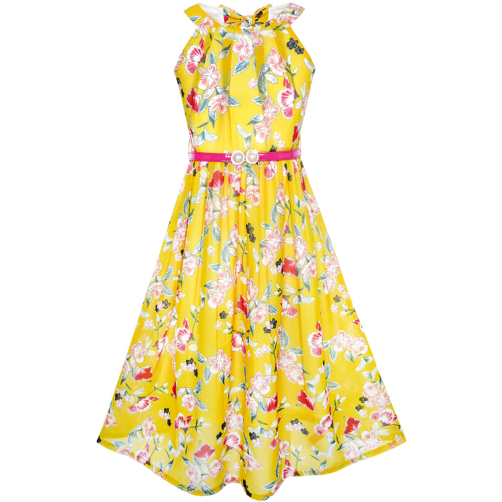 yellow floral chiffon dress