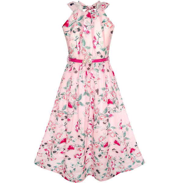 Girls Dress Pink Floral Red Belt Chiffon Maxi Dress – Sunny Fashion