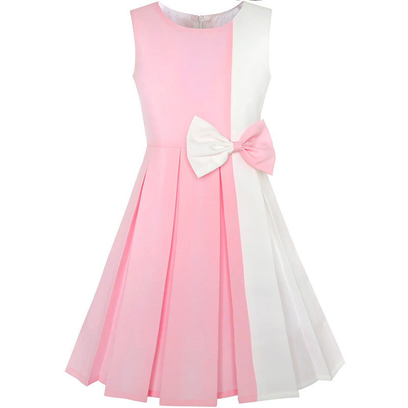Girls Dress Color Block Contrast Bow 