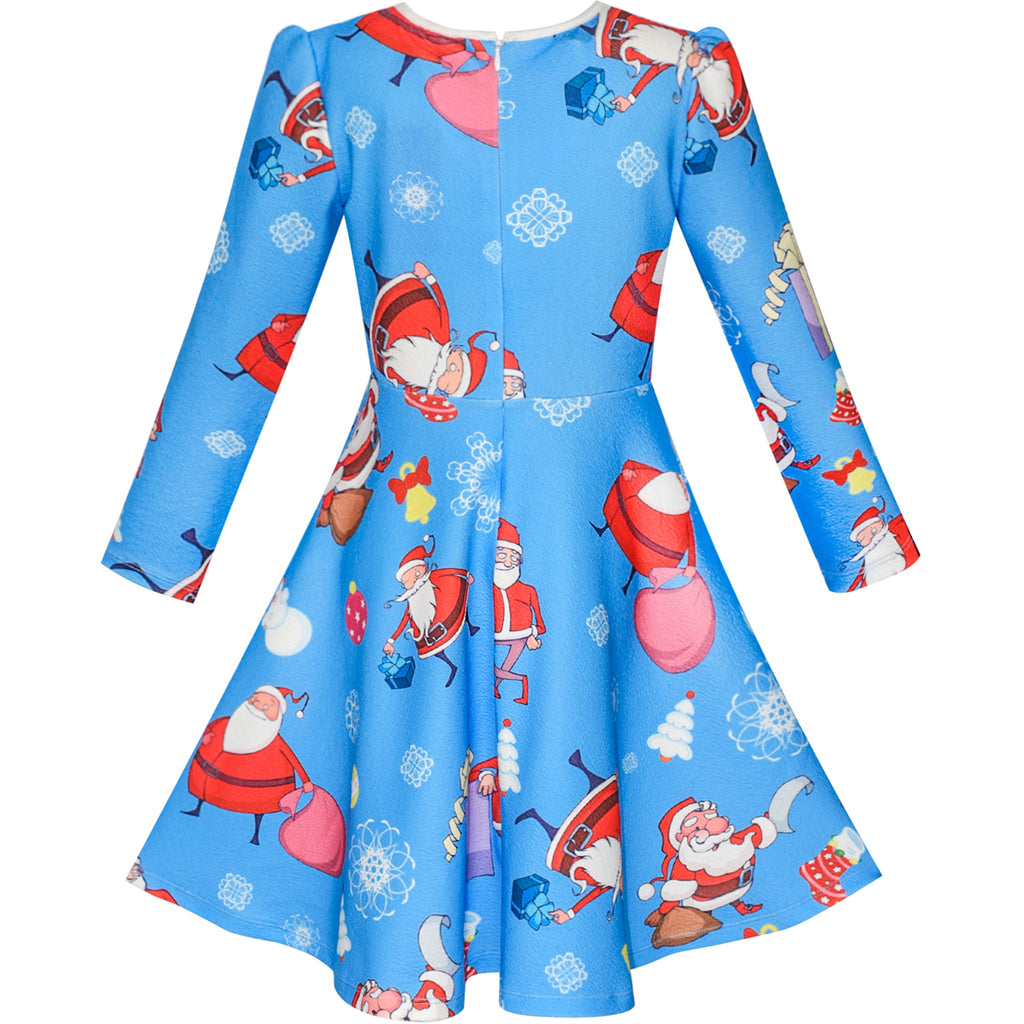 Girls Dress Blue Santa Jingle Bell Christmas Tree Long Sleeve – Sunny ...