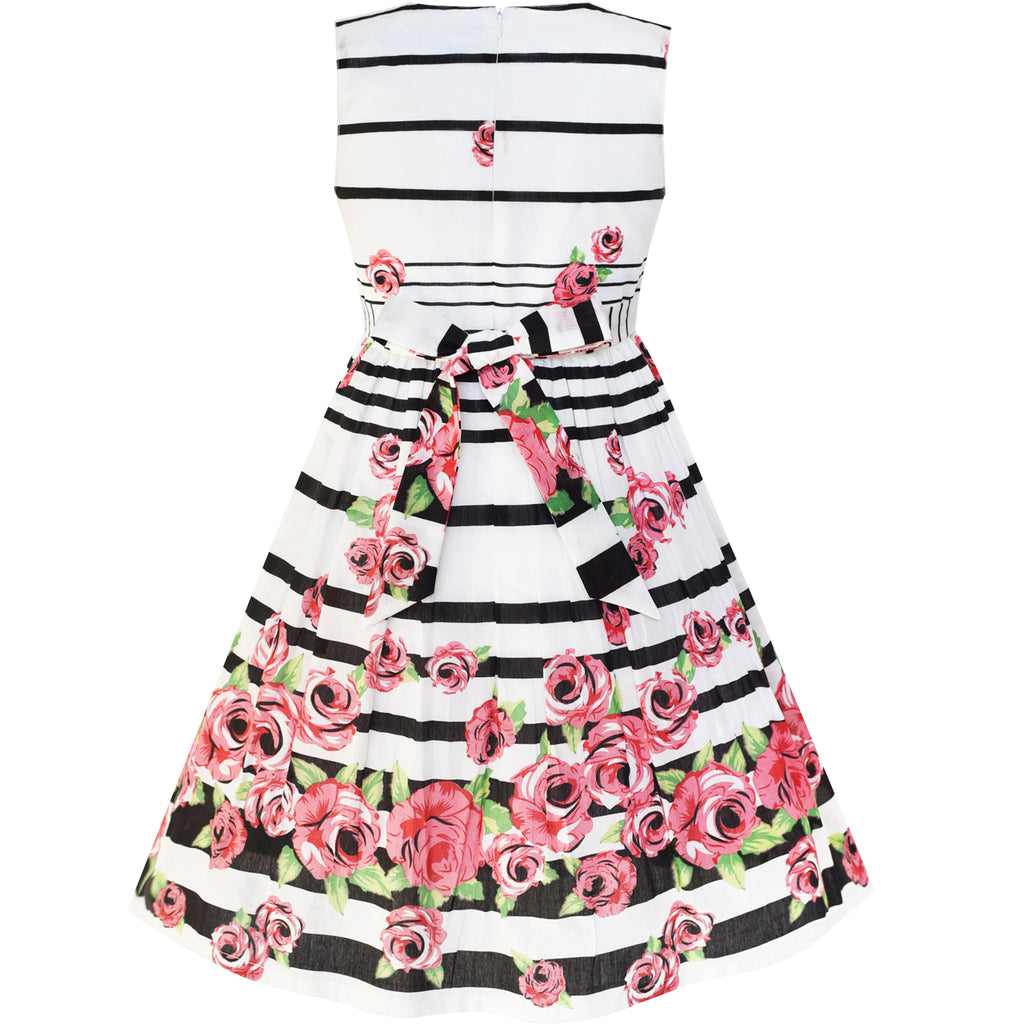 Girls Dress Black Striped Pink Flower – Sunny Fashion