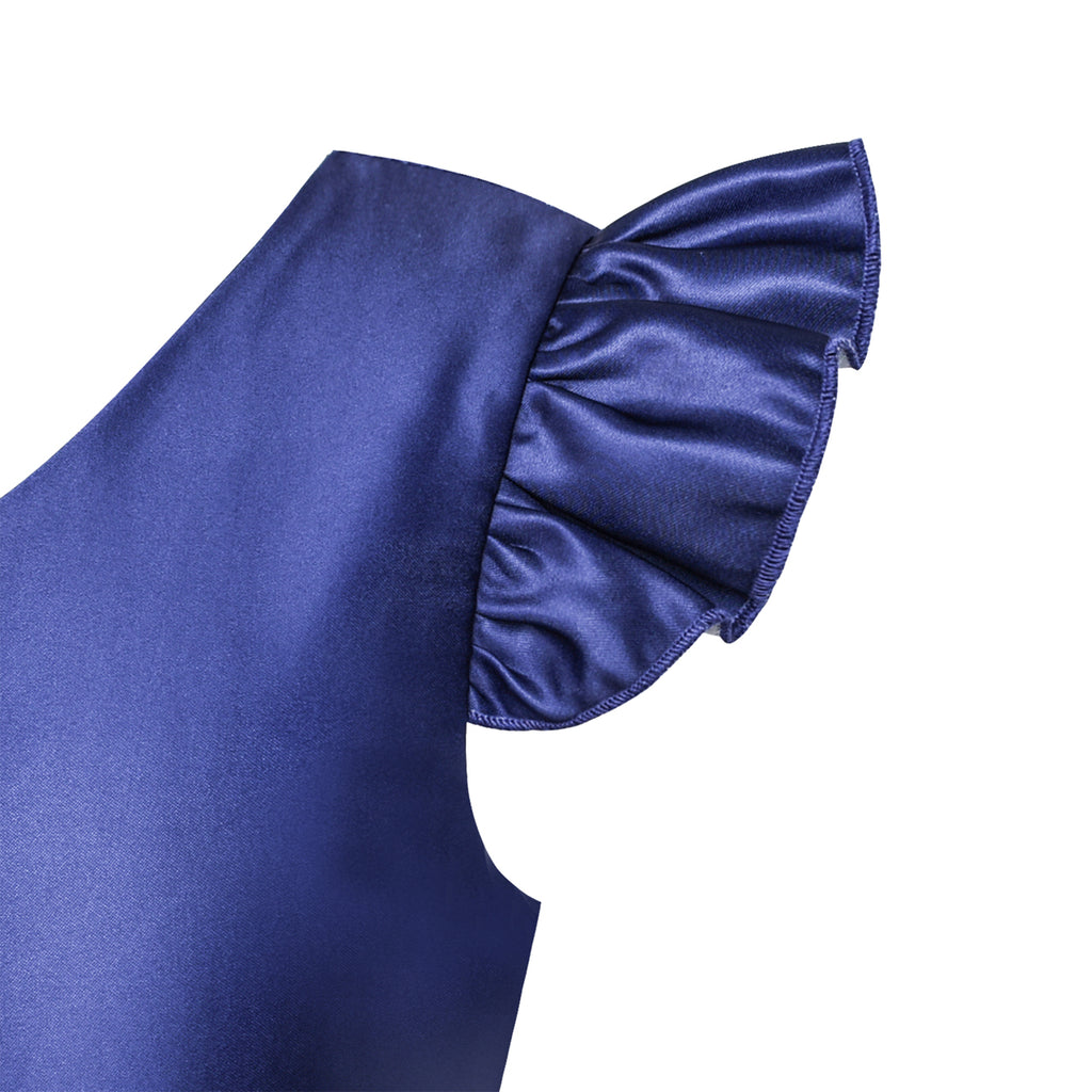 Girls Dress Navy Blue V Neckline Ribbon Color Contrast Sunny Fashion