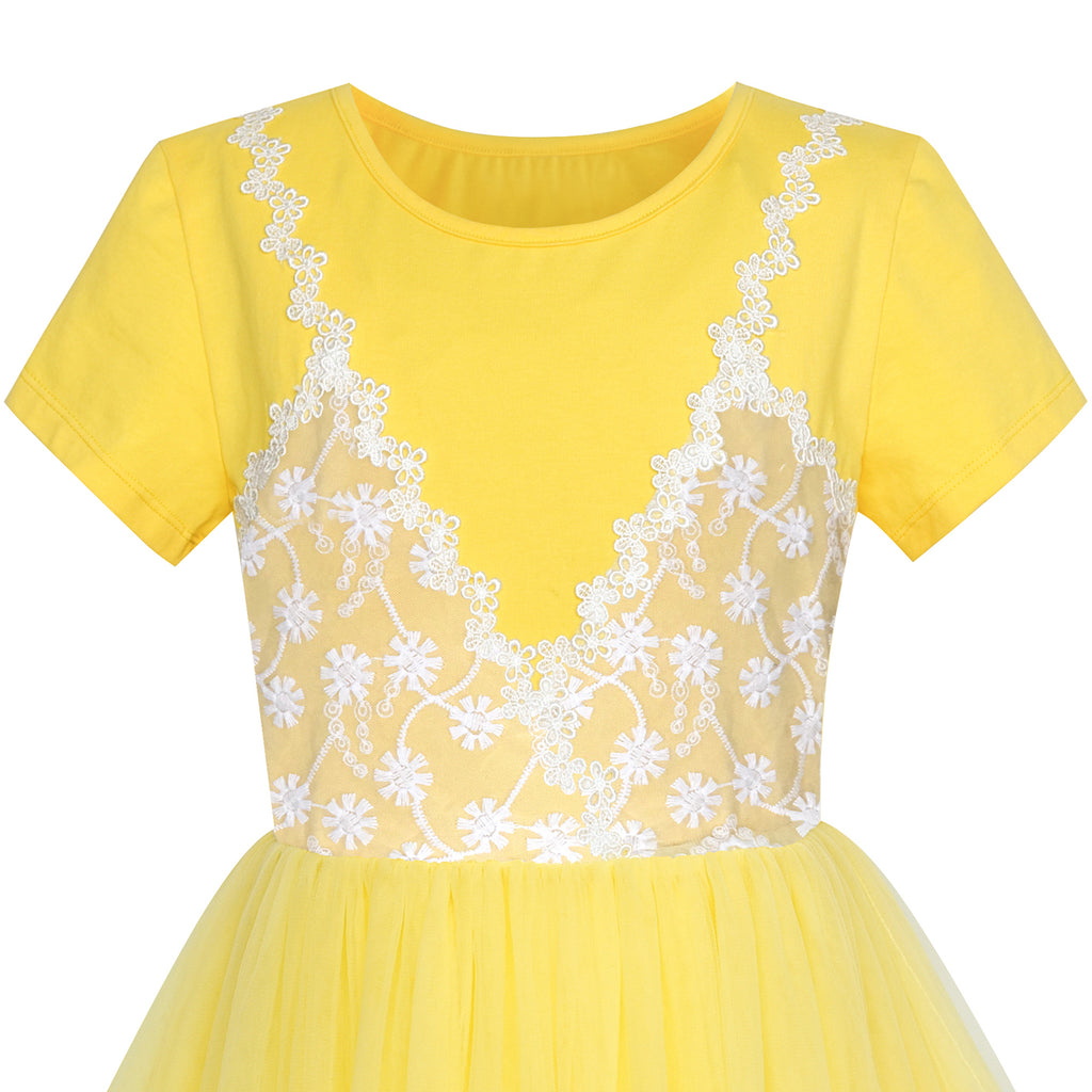 Girls Dress 2-in-1 Lace Yellow Short Sleeve Party Dress – Sunny Fashion