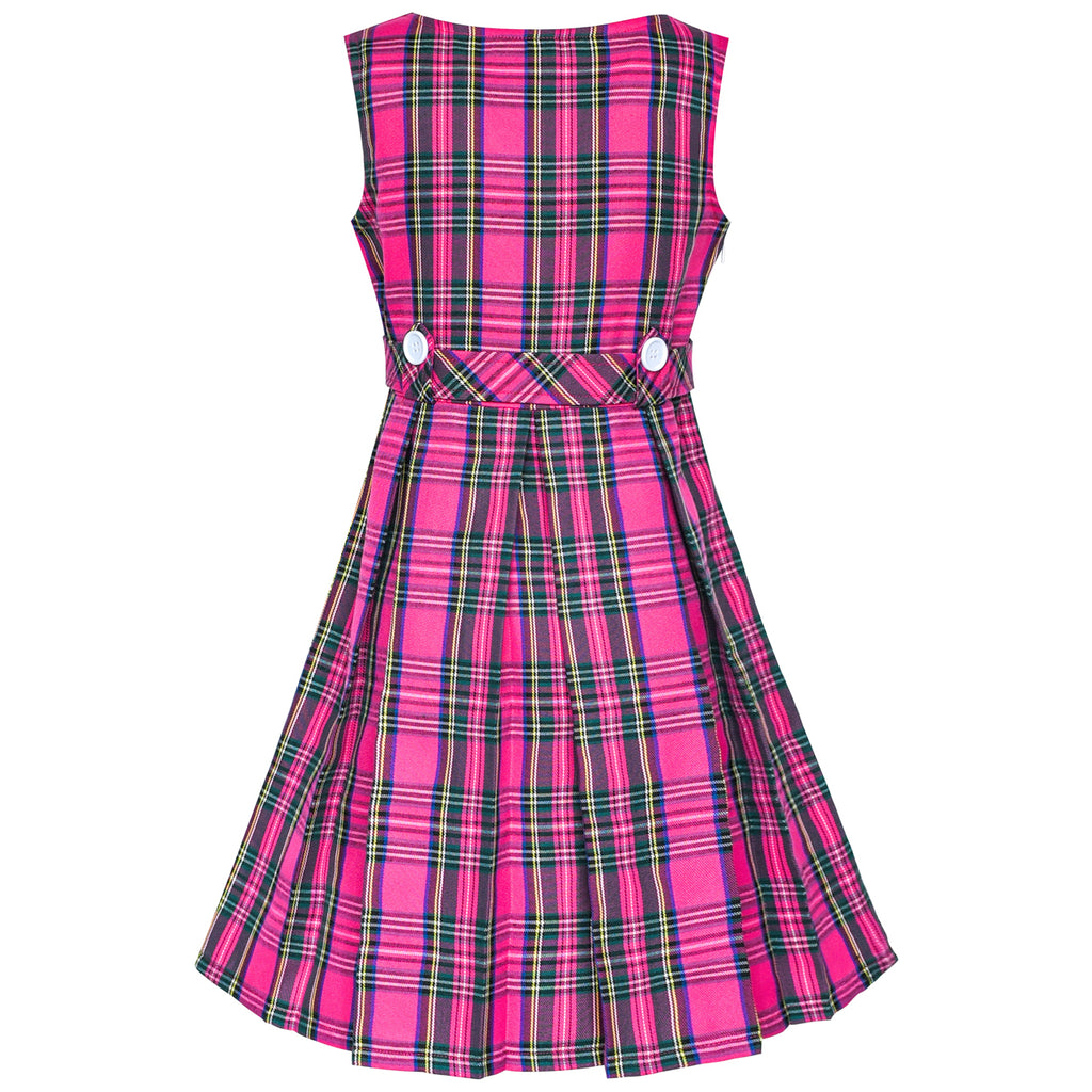 Girls Dress Pink Tartan Button Back School Pleated Hem – Sunny Fashion