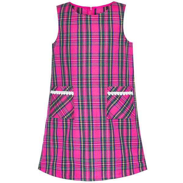 Girls Dress Pink Tartan Back School Uniform Pocket A-line Dress – Sunny ...