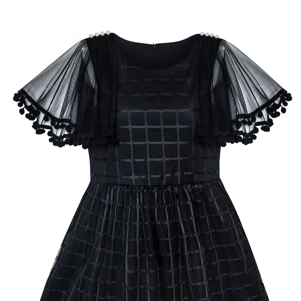 Girls Dress Black Tulle Cape Sleeve Plaid Tartan Party – Sunny Fashion