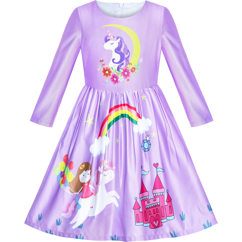 Girls Dress Long Sleeve Unicorn Castle Rainbow Purple – Sunny Fashion