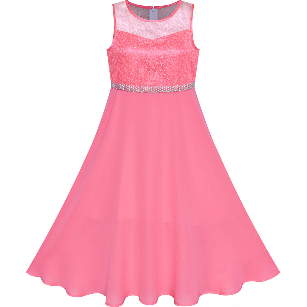 Girls Dress Coral Rhinestone Chiffon Bridesmaid Dance Maxi Gown – Sunny ...