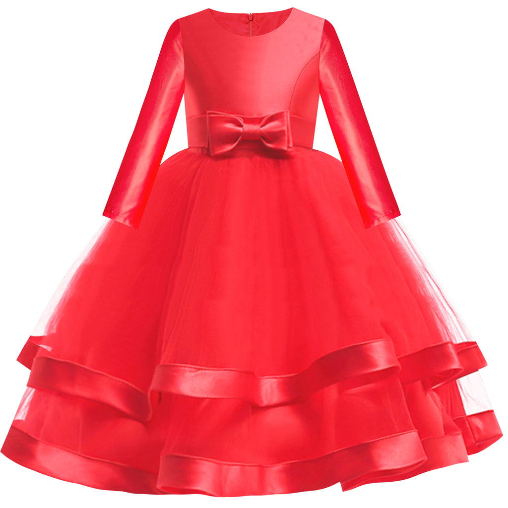 Girls Dress Long Sleeve Red Ball Gown Wedding Party Pageant – Sunny Fashion