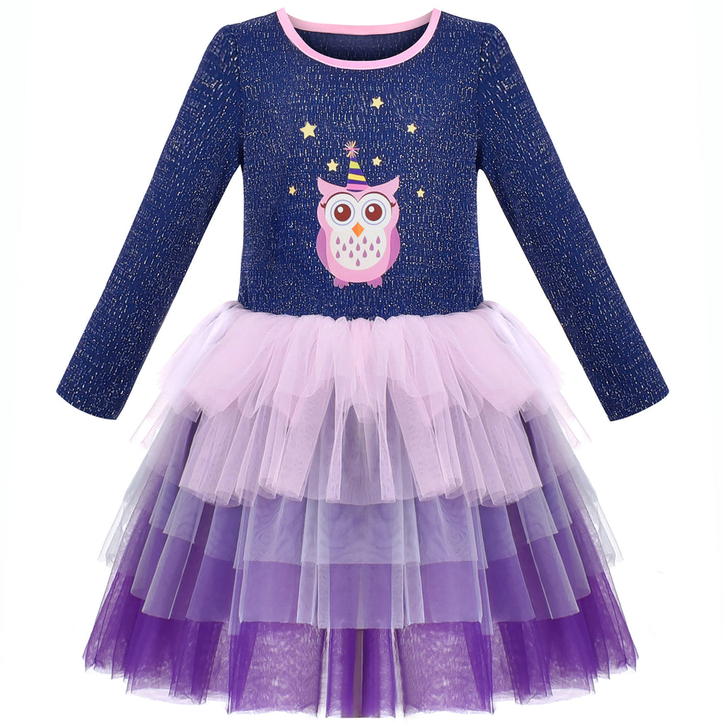 Girls Dress Birthday Owl Star Glitter Tulle Cake Skirt Long Sleeve Size 3-7 Years