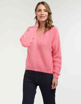 Mohair Rib V-Neck Jumper - Pink