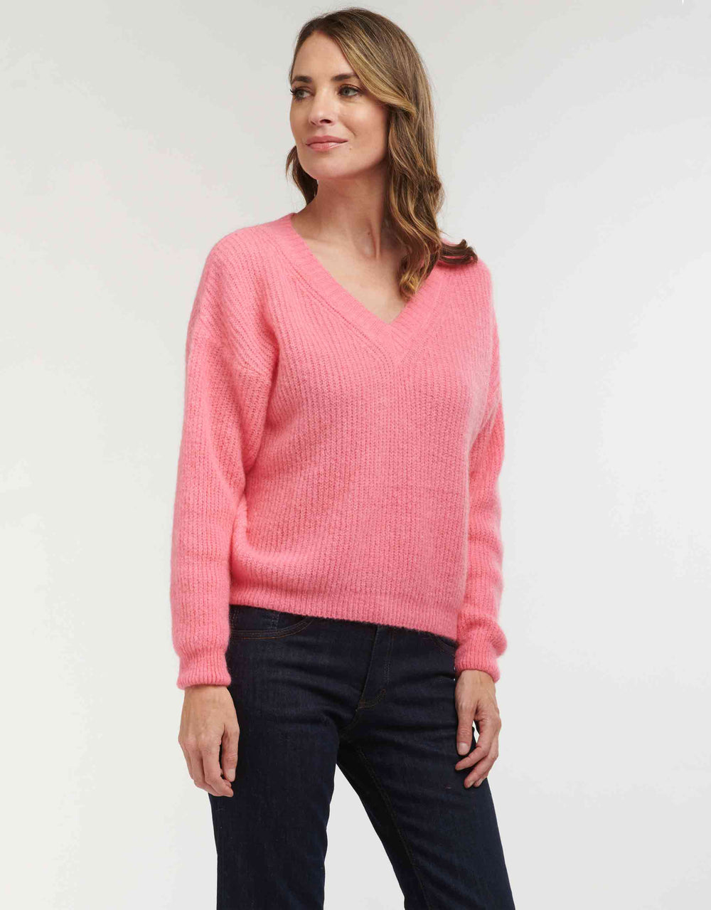 Mohair Rib V-Neck Jumper - Pink