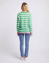 Colour Trim Stripe V Neck Sweater - Green/Oatmeal/Pink Trim