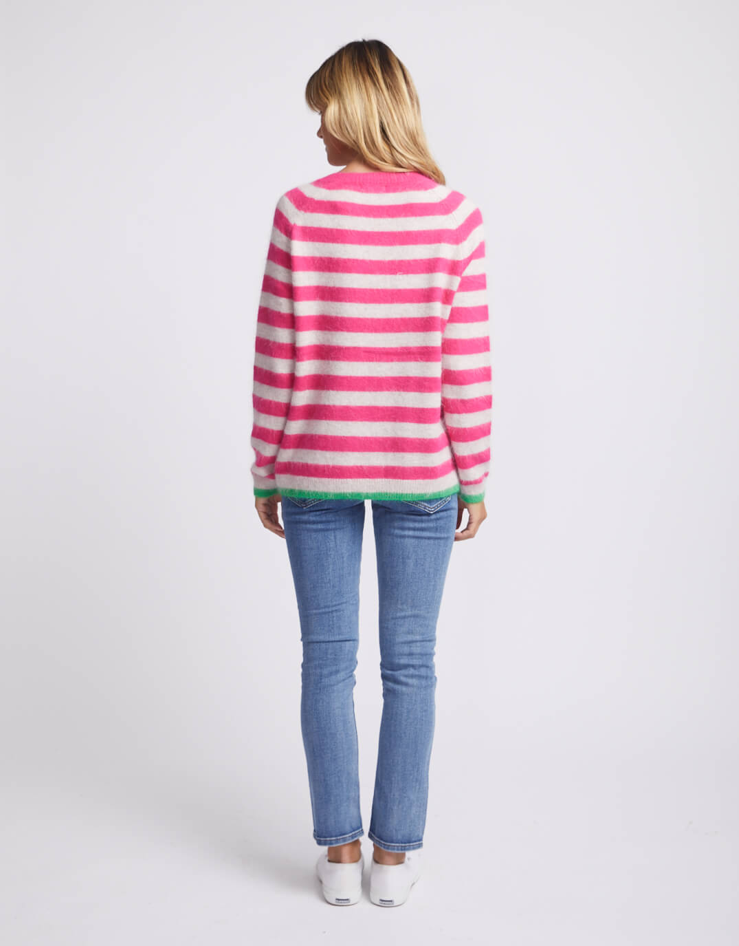 Colour Trim Stripe V Neck Sweater - Pink/Oatmeal/Green Trim