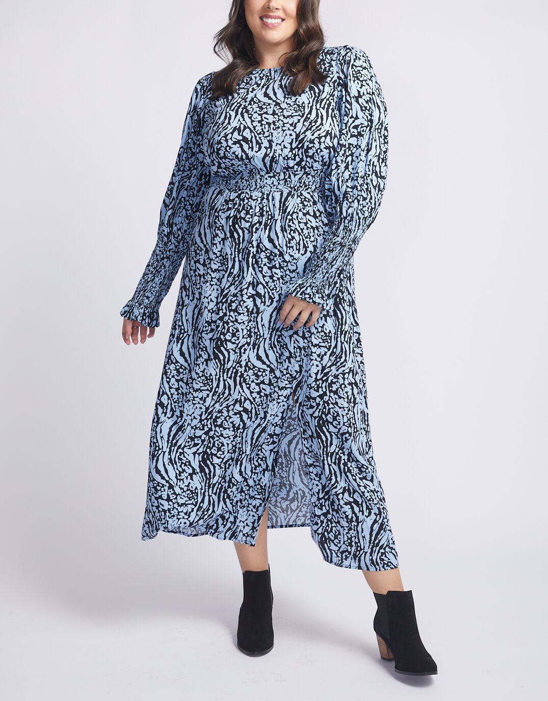 sass-clothing-luna-balloon-sleeve-midi-dress-with-leg-split-blue-animal-womens-plus-size-clothing