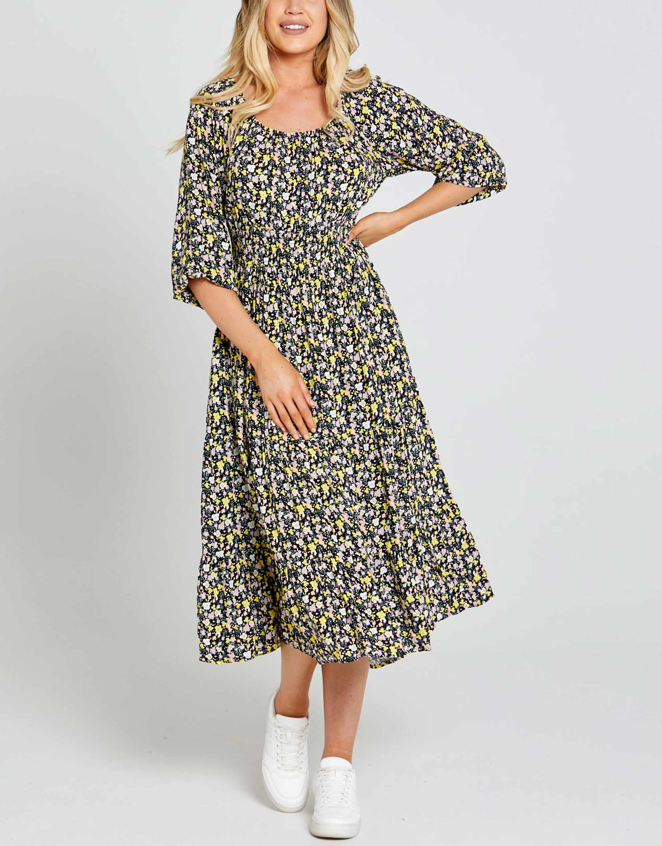 Sloane Midi Dress - Black Floral Ditsy