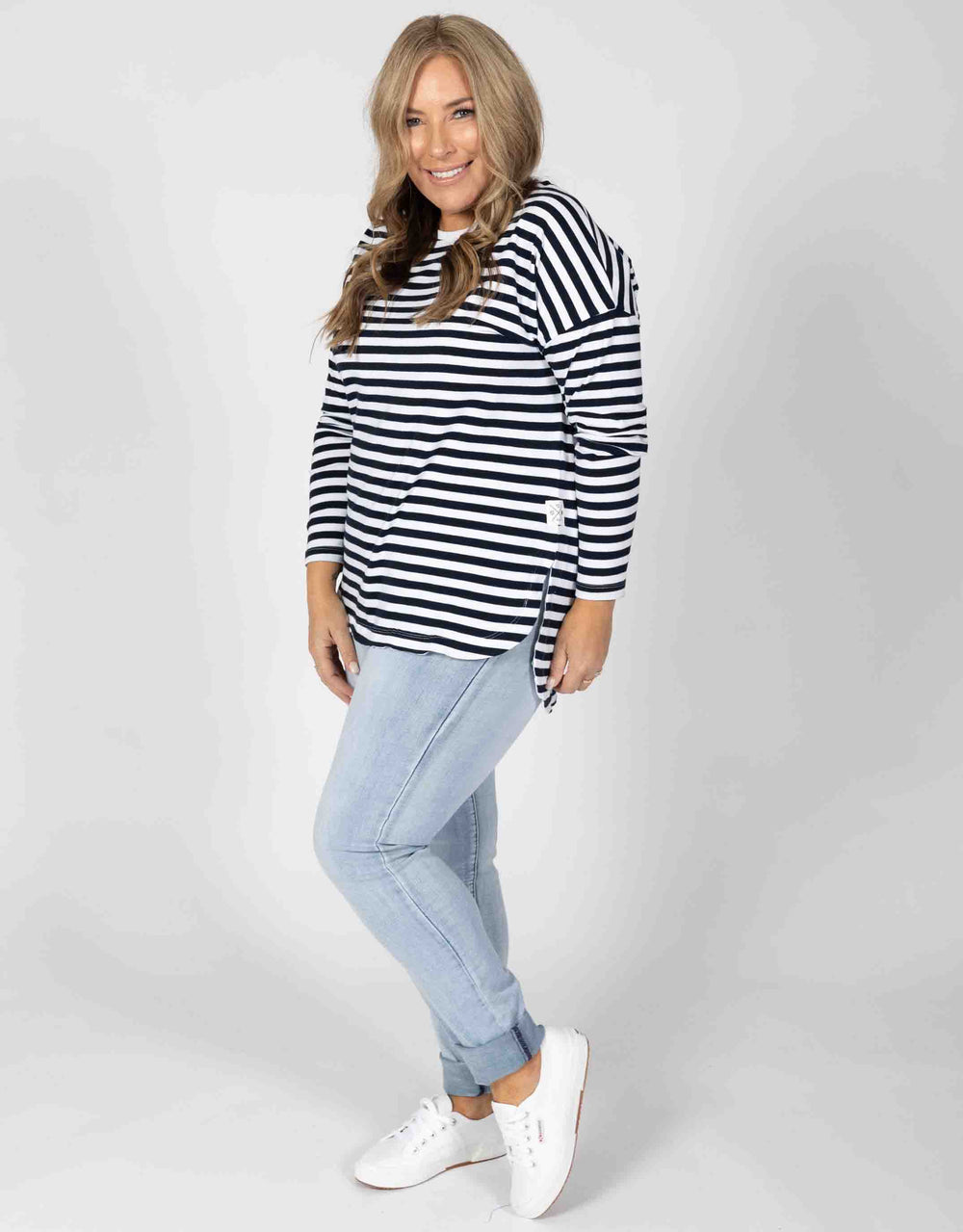 Elm Embrace Plus Size Society Stripe Long Sleeve Tee - Navy/White Stripe | Plus Size Clothing