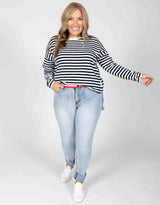 Elm Embrace Plus Size Society Stripe Long Sleeve Tee - Navy/White Stripe | Plus Size Clothing