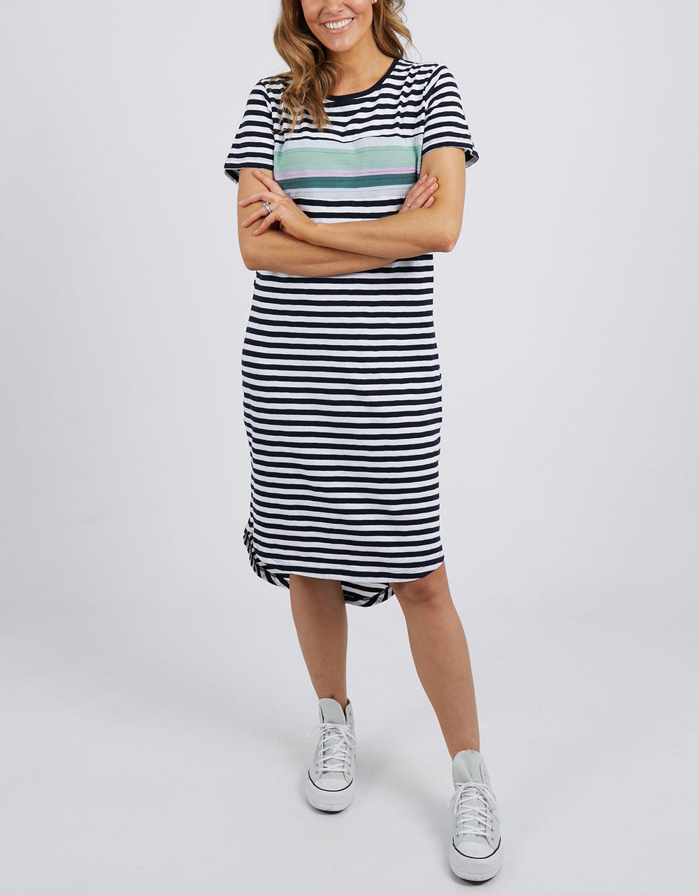 Time And Place Dress - Navy/White Stripe With Moss/Lilac