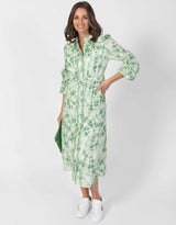 Lorena Belted Linen Long Dress - Green