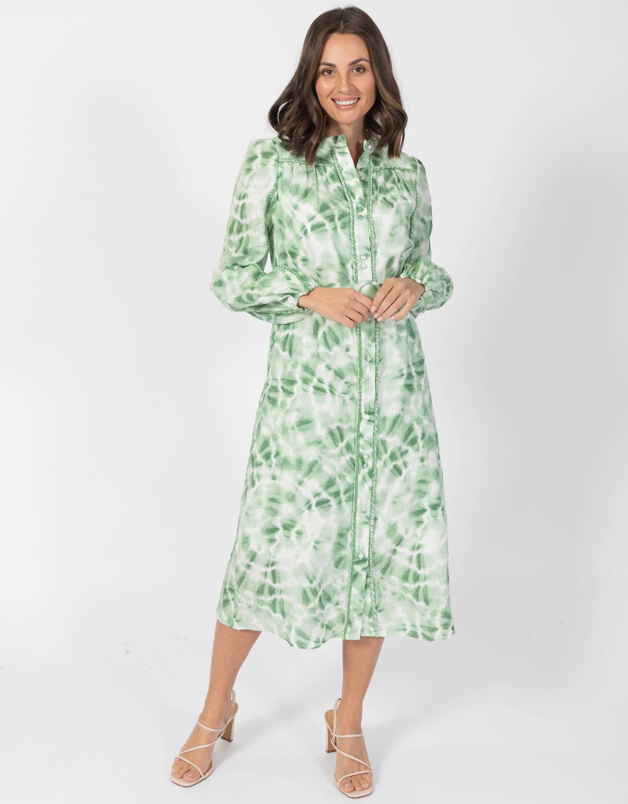 Lorena Belted Linen Long Dress - Green