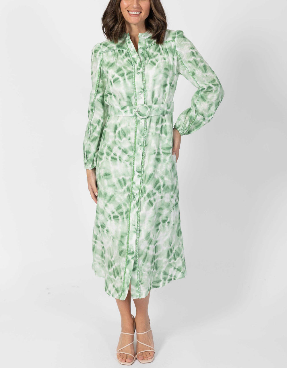 Lorena Belted Linen Long Dress - Green