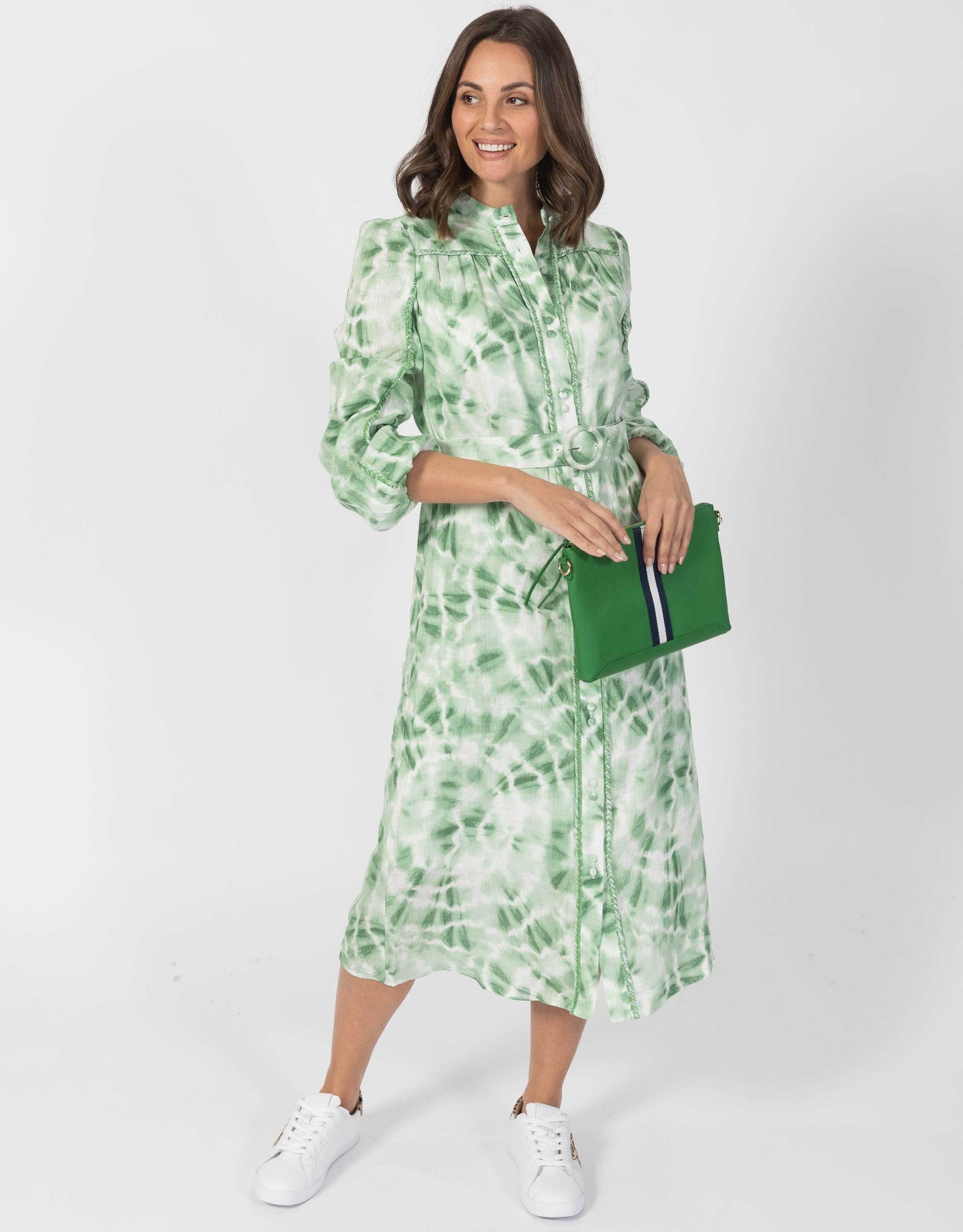 Lorena Belted Linen Long Dress - Green