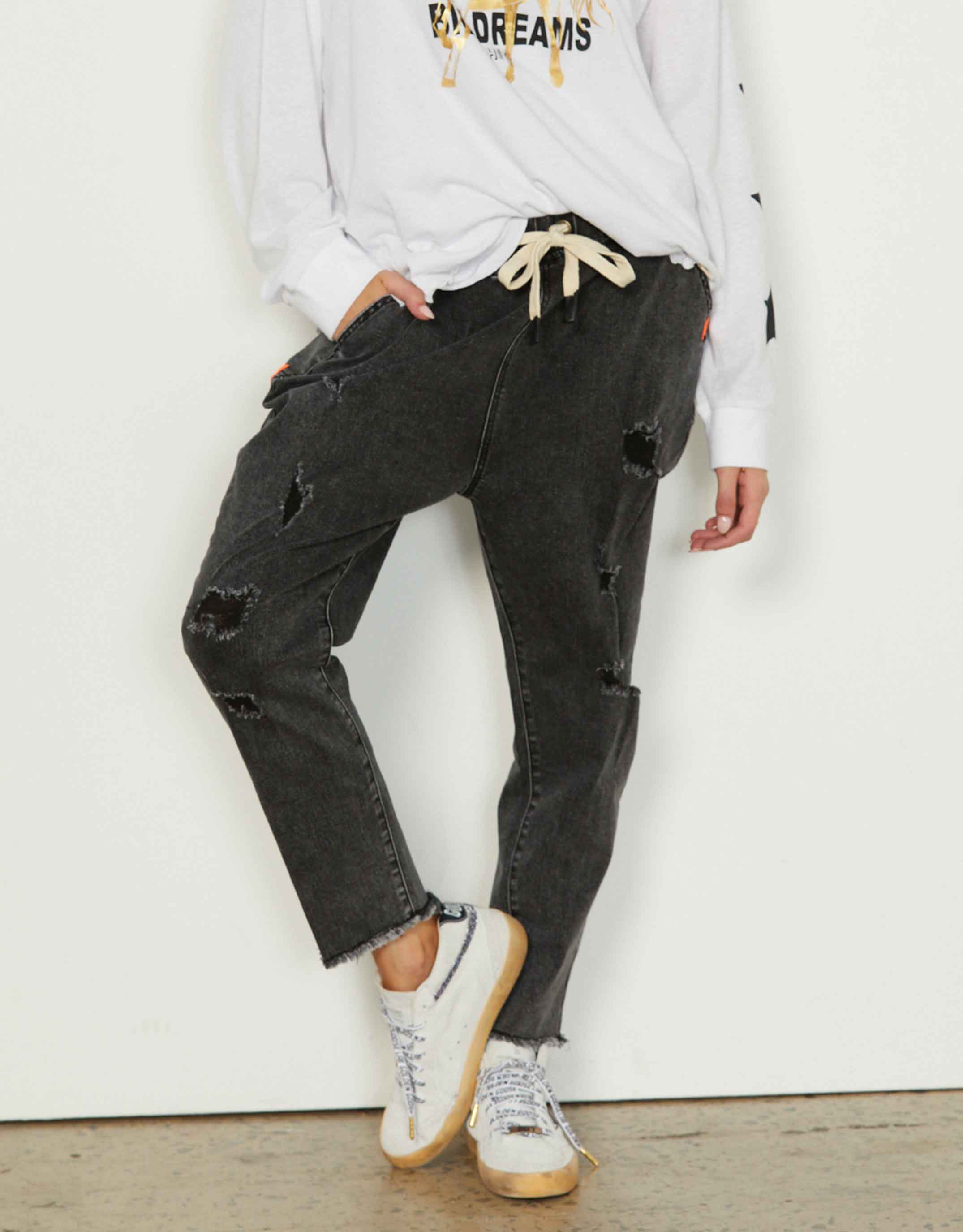 Distressed Black Denim Jean - Black