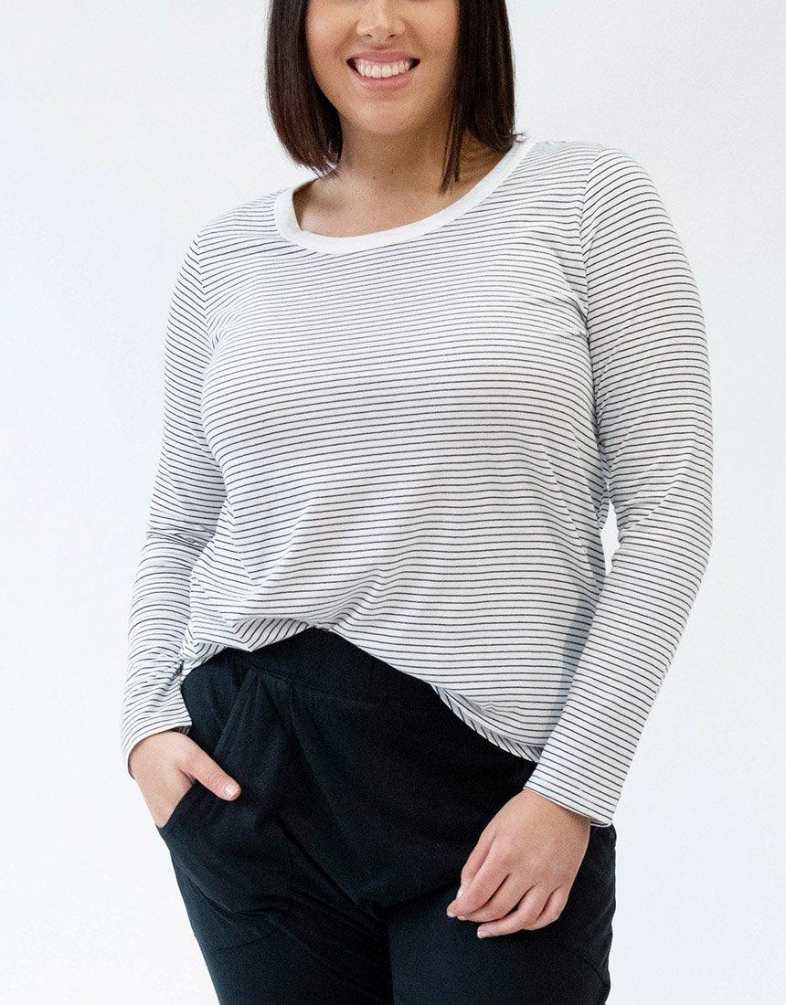 Plus Size Megan Long Sleeve Top - White / Black Stripe Betty Basics Plus Size