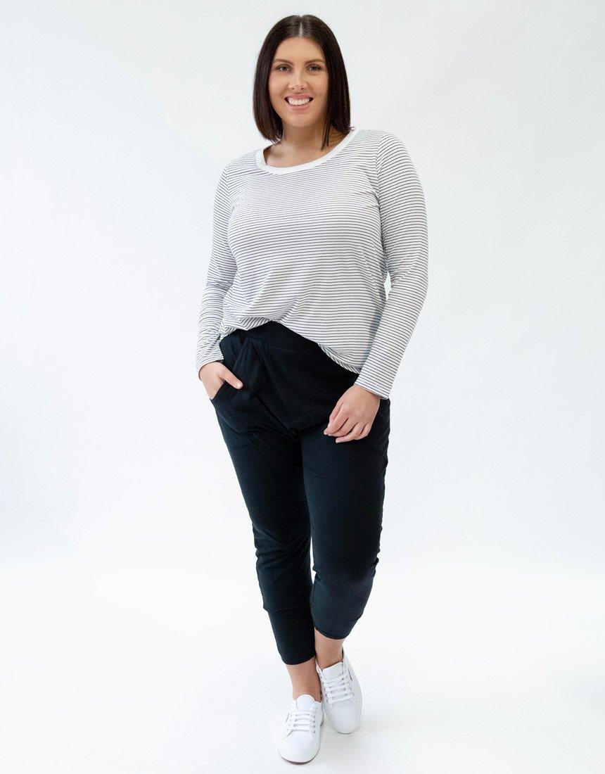 Plus Size Megan Long Sleeve Top - White / Black Stripe Betty Basics Plus Size