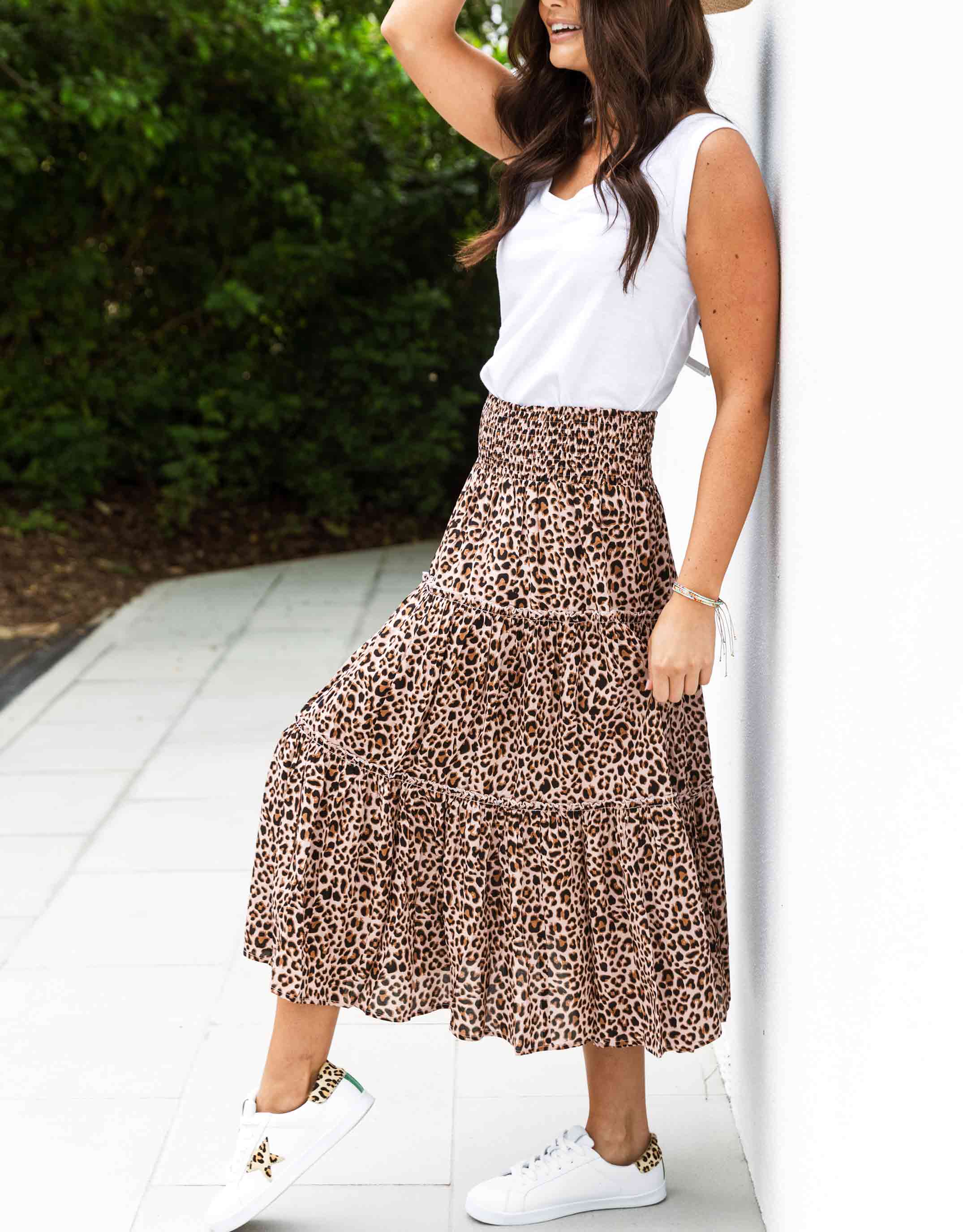 Leopard Print Slinky High Waisted Midi Skirt