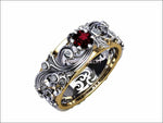 2 Tone 18K Ruby Leaves Band Wedding Band with Diamonds Filigree Floral Ring Jewelry - Lianne Jewelry