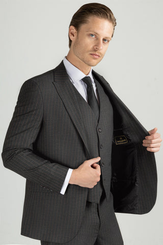 "grey pinstripe suit"