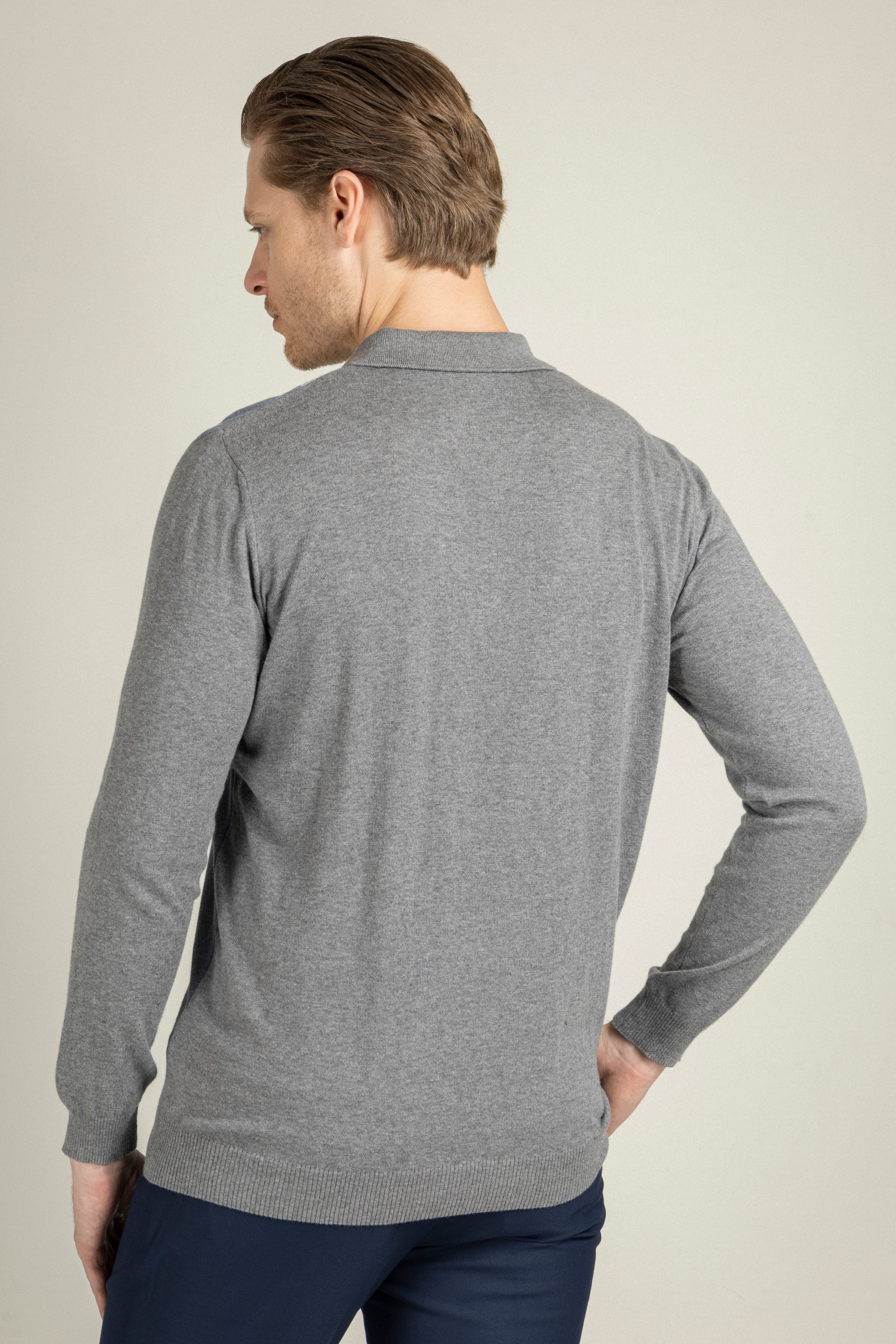 CALEB - Grey Striped Knitted Polo Shirt | Jack Martin