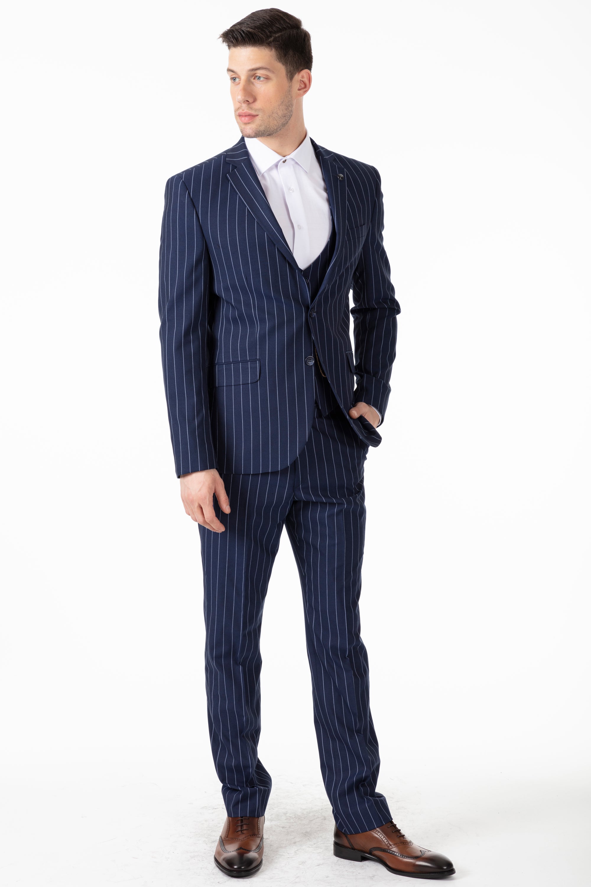 JAY - Blue Chalk Stripe 3 Piece Semi Slim Fit Suit – Jack Martin Menswear